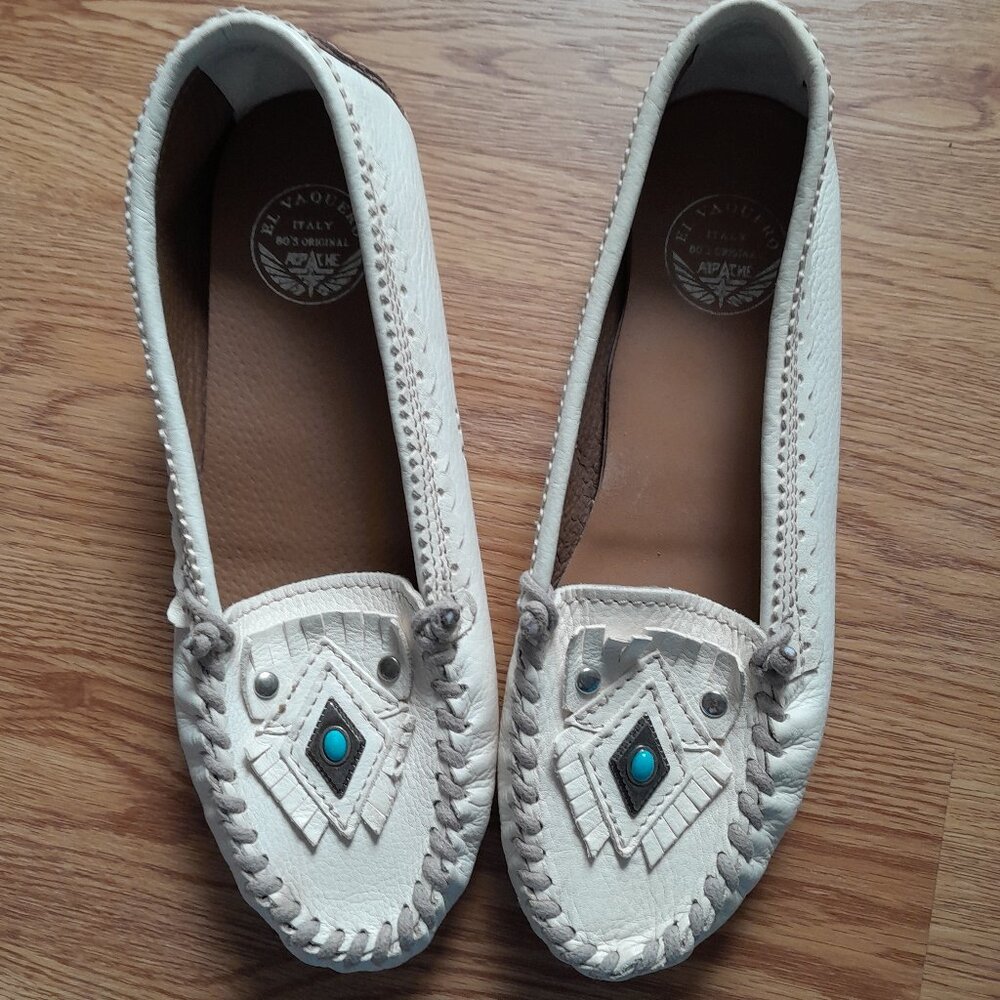 El Vaquero Camel Blanche White Flats Moccasin Euro Size 37 or US Size 7